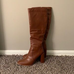 Knee High Faux Leather Toffee Brown Boots with 3” Heel from PrettyLittleThing